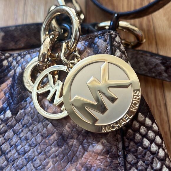 Michael Kors Brown Python Embossed Leather Small Cynthia Satchel Blossom - Picture 2 of 8